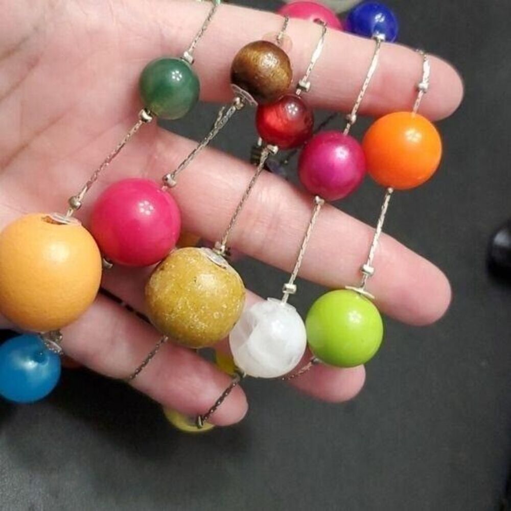 Silver tone long colorful round beaded necklace 44"